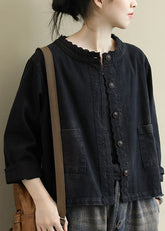 Boho Schwarzer lässiger Jeansmantel mit Knopfstickerei
